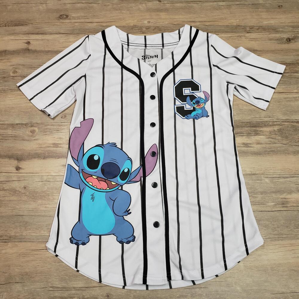 Disney Stitch Shirt Womens Large White Ohana 02 Baseball Jersey Button Up Top